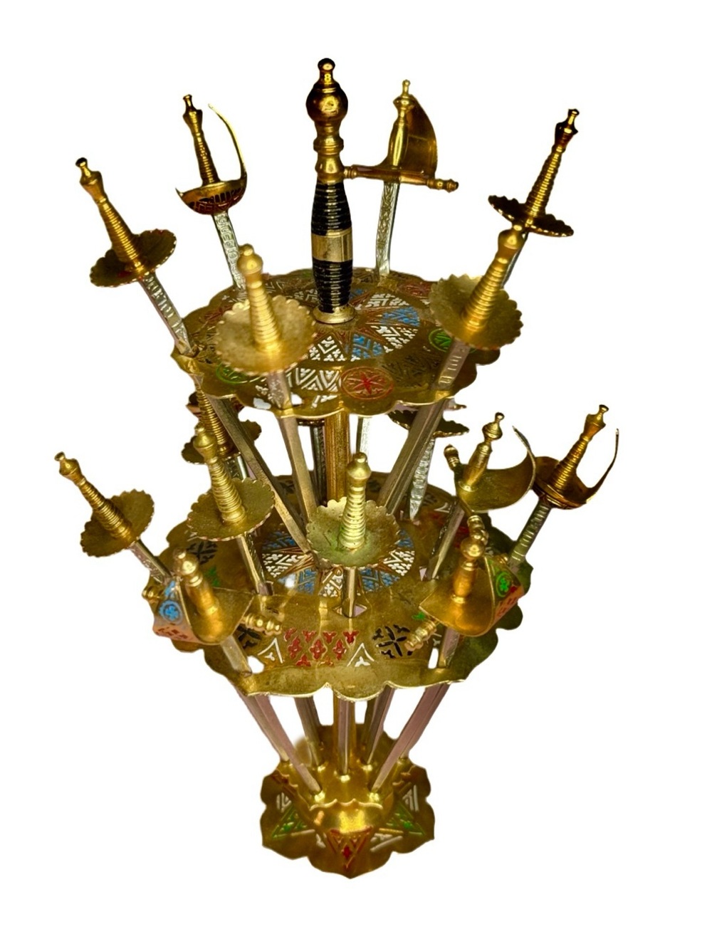 Vintage Miniature Sword Carousel Cocktail Pick Holder Toledo Brass Souvenir